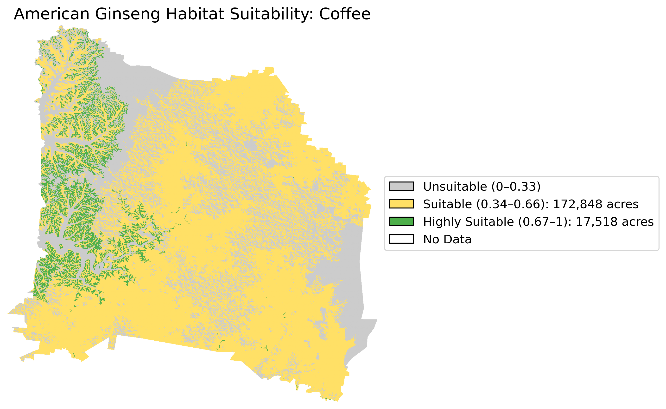 American Ginseng Habitat Suitability: Coffee County — 17,518 highly suitable acres
