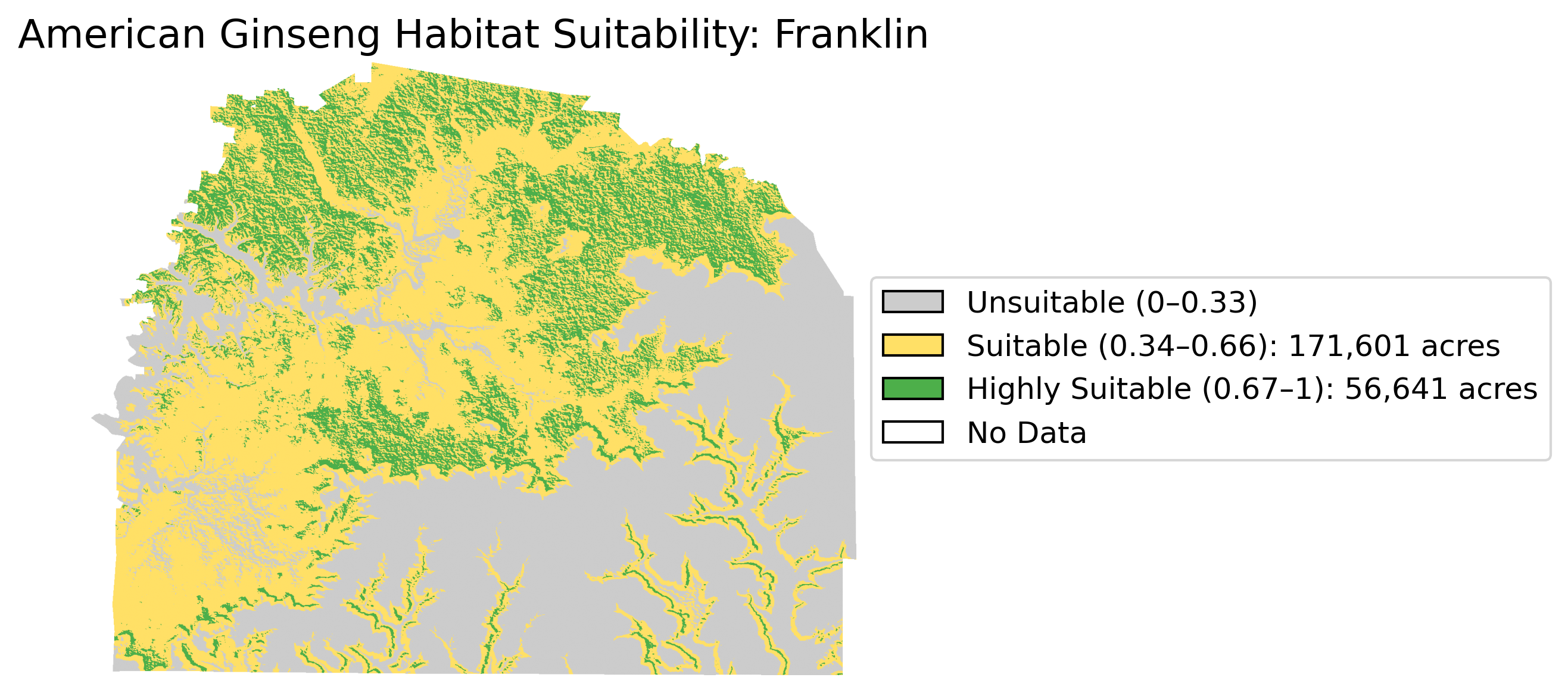 American Ginseng Habitat Suitability: Franklin County — 56,641 highly suitable acres