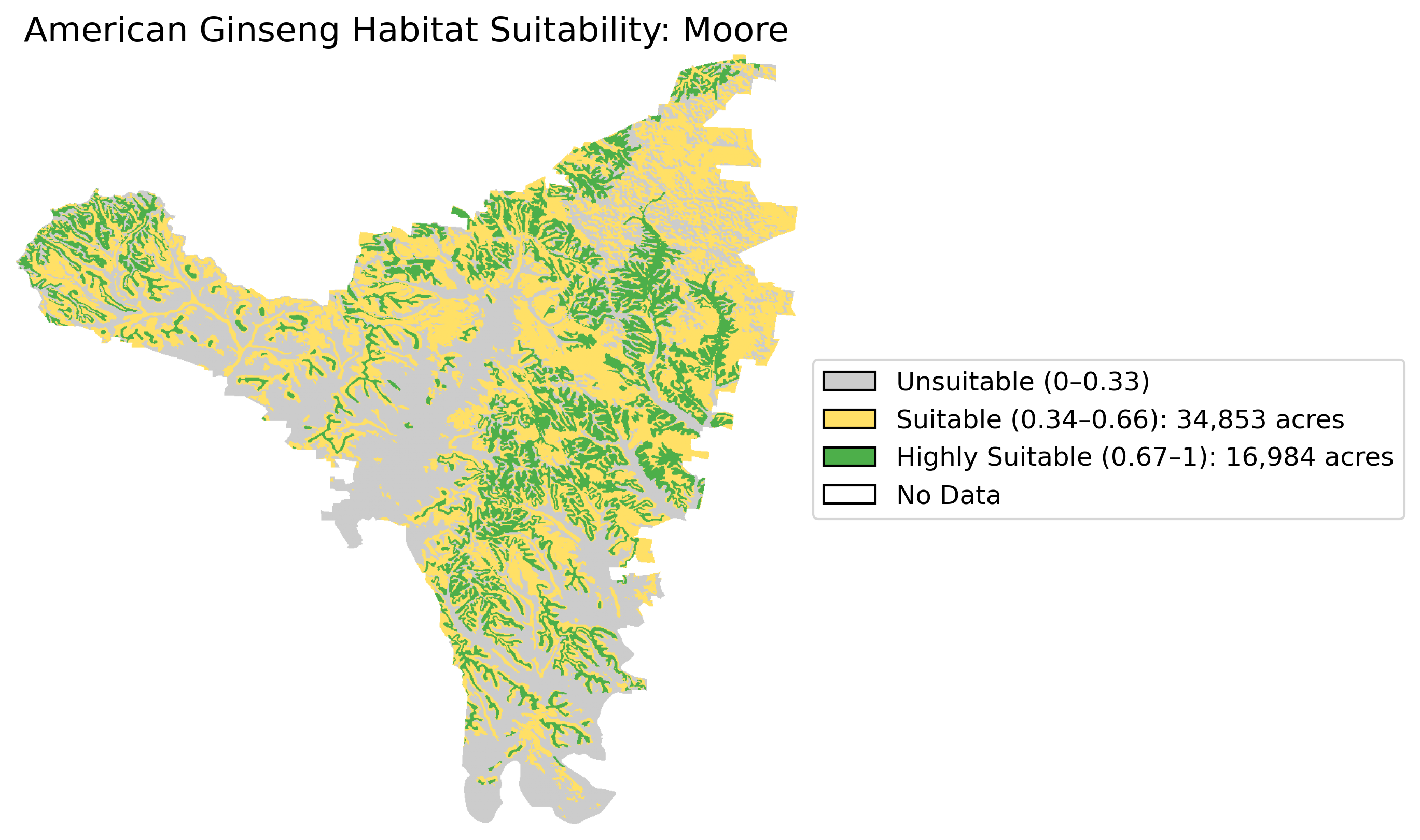 American Ginseng Habitat Suitability: Moore County — 16,984 highly suitable acres